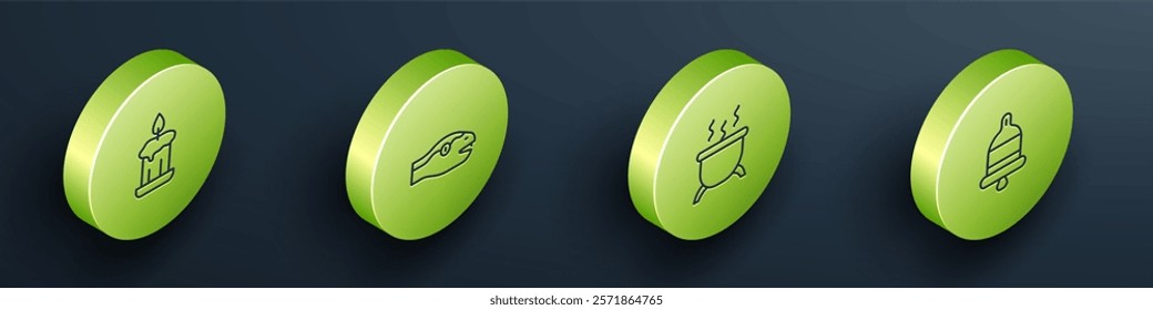 Set Isometric line Burning candle, Snake, Witch cauldron and Ringing alarm bell icon. Vector