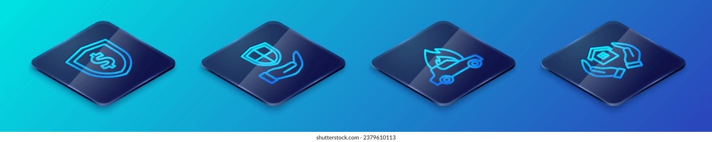 Ajuste la línea isométrica Burning car, Escudo con dólar, mano de la casa e icono. Vector