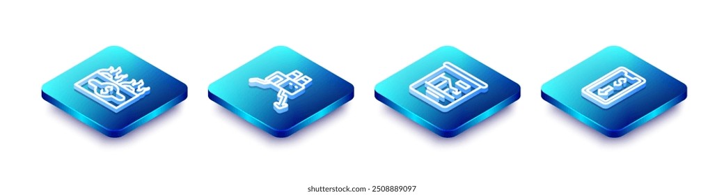 Set Isometric line Burning dollar bill, Shutdown of factory, Pie chart infographic and Mobile stock trading icon. Vector
