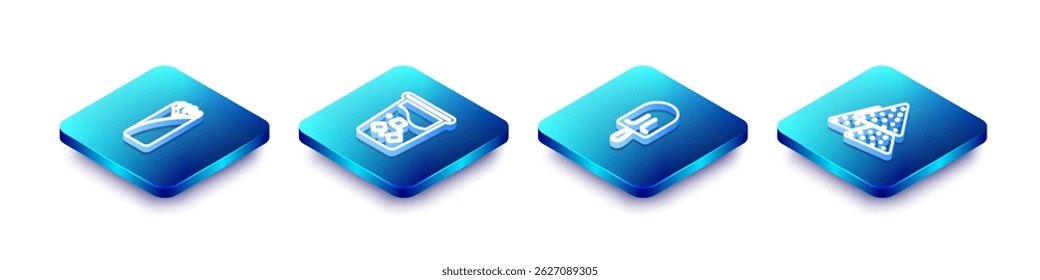 Set Isometric line Burrito, Glass with water, Ice cream and Nachos icon. Vector