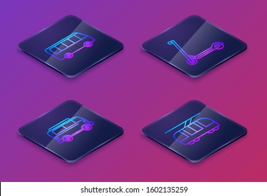 Set Isometric line Bus, Retro minivan, Scooter and Tram and railway. Blue square button. Vector