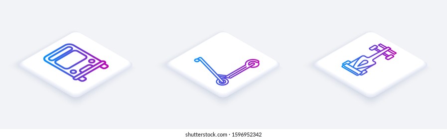 Set Isometric line Bus, Scooter and Formula race car. White square button. Vector