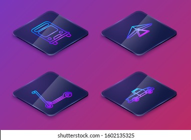Set Isometric line Bus, Scooter, Hang glider and Pickup truck. Blue square button. Vector