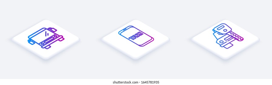 Set Isometric line Bus, Taxi call telephone service and Car rental. White square button. Vector