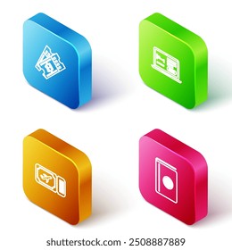 Set Isometric line Bus ticket, Online hotel booking, Airline and Cover travel guide icon. Vector