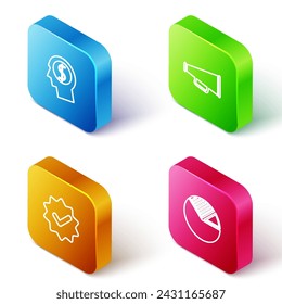 Set Isometric line Business man planning mind, Megaphone, Approved and check mark and Pie chart infographic icon. Vector
