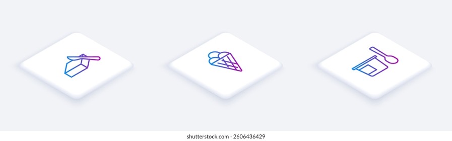 Set Isometric line Butter in a butter dish, Ice cream waffle cone and Yogurt container with spoon. White square button. Vector