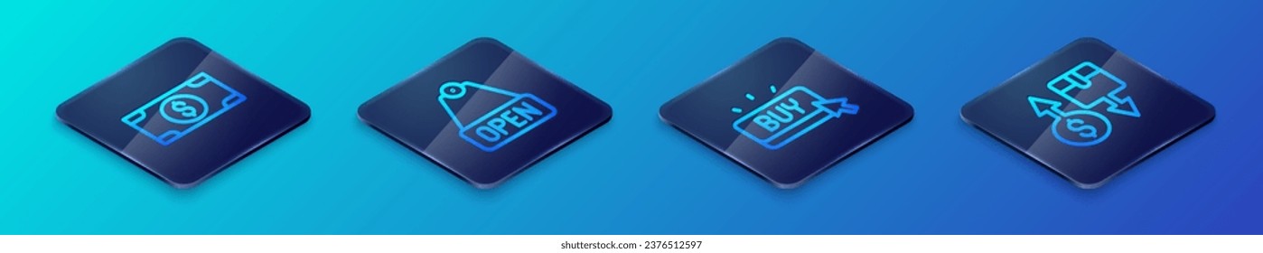 Set Isometric line Buy button, Stacks paper money cash, Tax cardboard box and Hanging sign with text Open icon. Vector