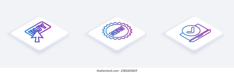 Establecer línea isométrica botón Comprar, etiqueta de precio con nuevo y portátil. Botón cuadrado blanco. Vector