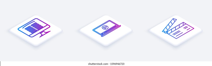 Set Isometric line Buy cinema ticket online , Online play video  and Movie clapper . White square button. Vector