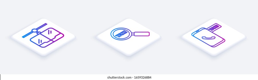 Set Isometric line Cable car, Magnifying glass and taxi car and Taxi call telephone service. White square button. Vector