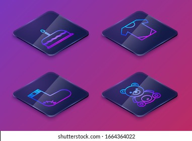 Set Isometric line Cake with burning candles, Baby socks clothes, Baby onesie and Teddy bear plush toy. Blue square button. Vector