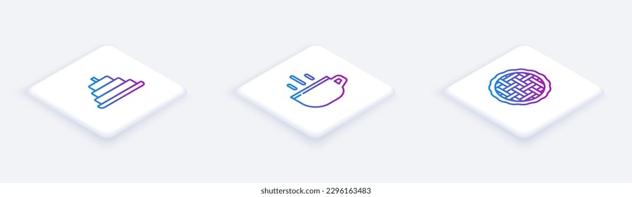 Set Isometric line Cake with burning candles, Coffee cup and Homemade pie. White square button. Vector