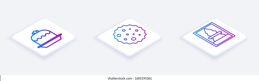 Set Isometric line Cake, Cookie or biscuit with chocolate and Christmas postcard. White square button. Vector