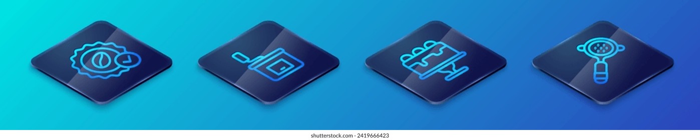 Set Isometric line Cake, Medal for coffee, Coffee filter holder and Manual grinder icon. Vector