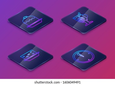 Set Isometric line Cake, Nougat with nuts, Mulled wine with glass of drink and Clock. Blue square button. Vector