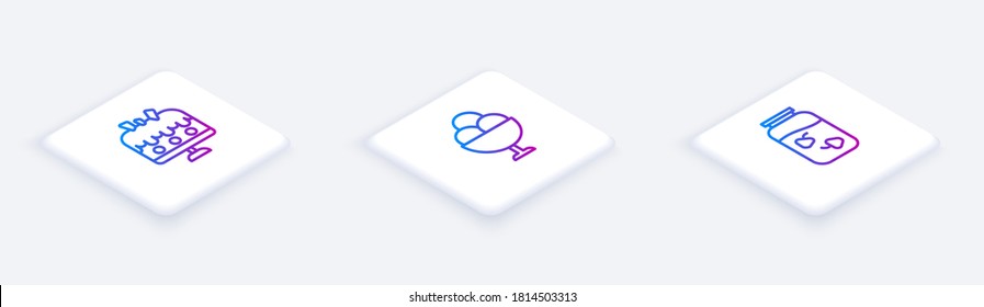 Set Isometric line Cake on plate, Ice cream in bowl and Strawberry jam jar. White square button. Vector