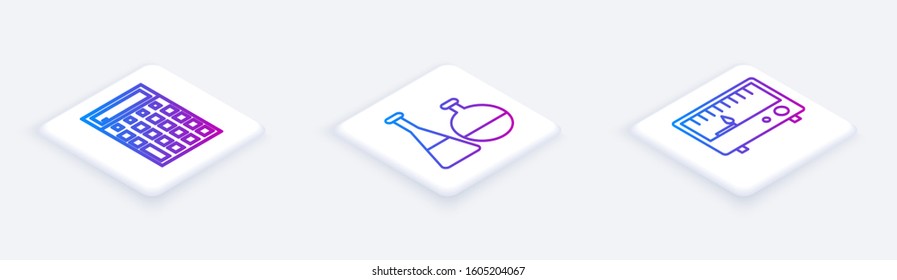 Set Isometric line Calculator, Test tube and flask chemical laboratory and Electrical measuring instruments. White square button. Vector