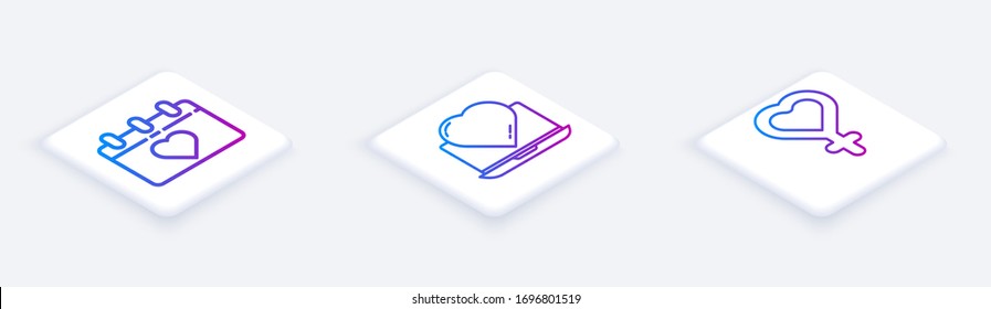 Set Isometric line Calendar with 8 March, Online dating app and chat and Female gender symbol. White square button. Vector