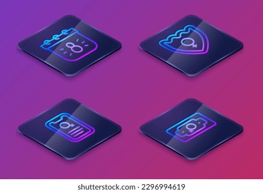 Set Isometric line Calendar with 8 March, Dating app, Gender shield, Female and Money growth woman. Blue square button. Vector
