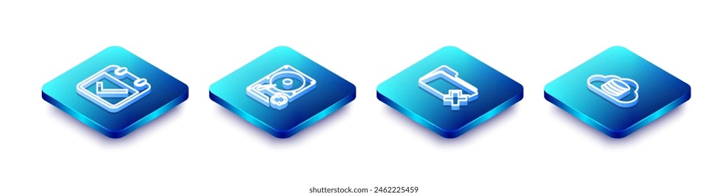 Set Isometric line Calendar with check mark, Hard disk drive HDD sync refresh, Delete folder and Cloud database icon. Vector
