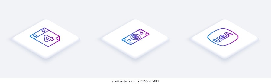 Set Isometric line Calendar with date July 4, Stacks paper money cash and USA Independence day. White square button. Vector