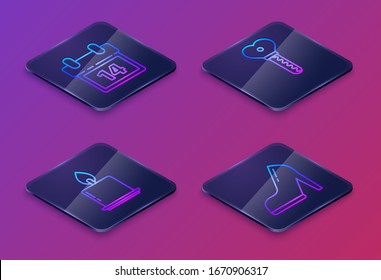 Set Isometric line Calendar with February 14, Burning candle, Key in heart shape and Woman shoe with high heel. Blue square button. Vector