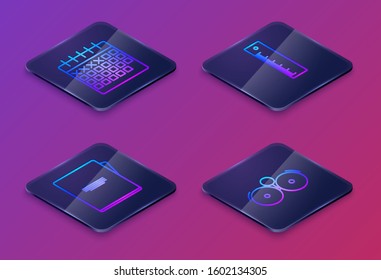 Set Isometric line Calendar, Notebook, Ruler and Ringing alarm bell. Blue square button. Vector