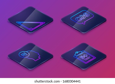 Set Isometric Line Calendar, Test Or Exam Sheet, Tablet With Calculator And Mathematics Function Sine. Blue Square Button. Vector