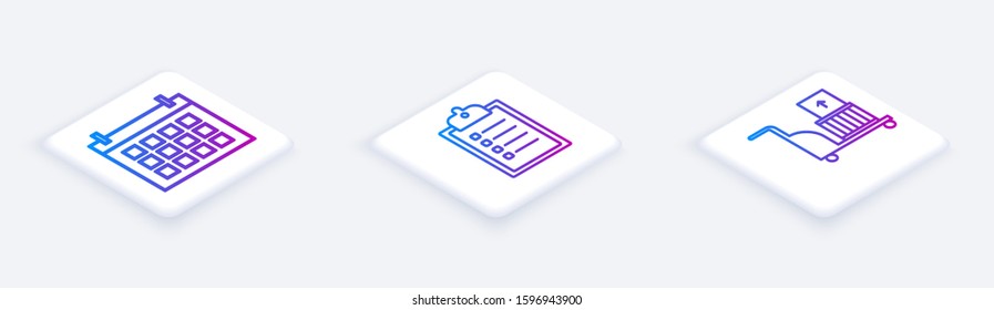 Set Isometric line Calendar , Verification of delivery list clipboard  and Electric hand truck and boxes . White square button. Vector