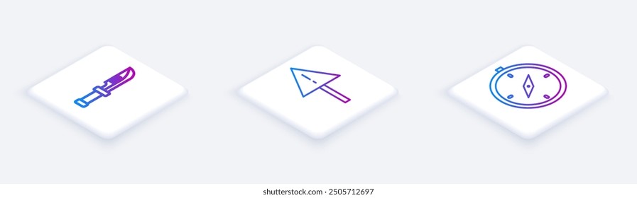 Set Isometric line Camping knife, Exclamation mark in triangle and Compass. White square button. Vector