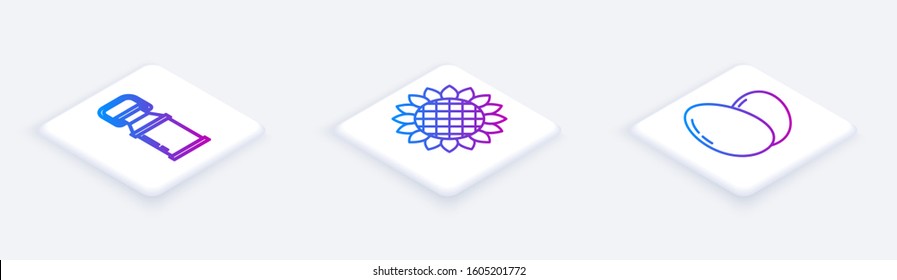 Set Isometric line Can container for milk, Sunflower and Chicken egg. White square button. Vector