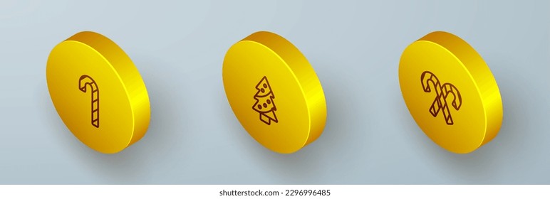 Set Isometric line Candy cane with stripes, Christmas tree and  icon. Vector