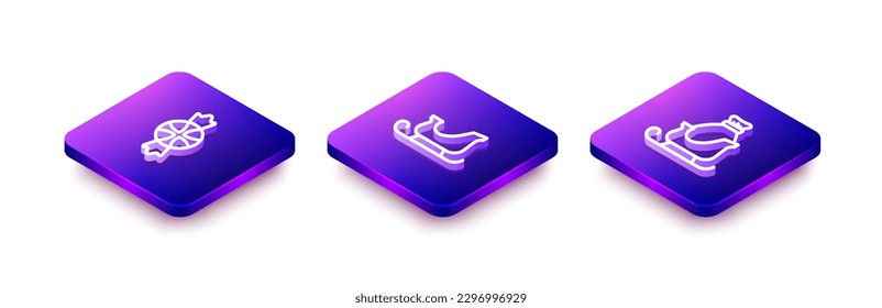 Set Isometric line Candy, Christmas santa claus sleigh and  icon. Vector