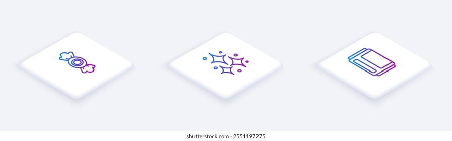 Set Isometric line Candy, Firework and Beer can. White square button. Vector