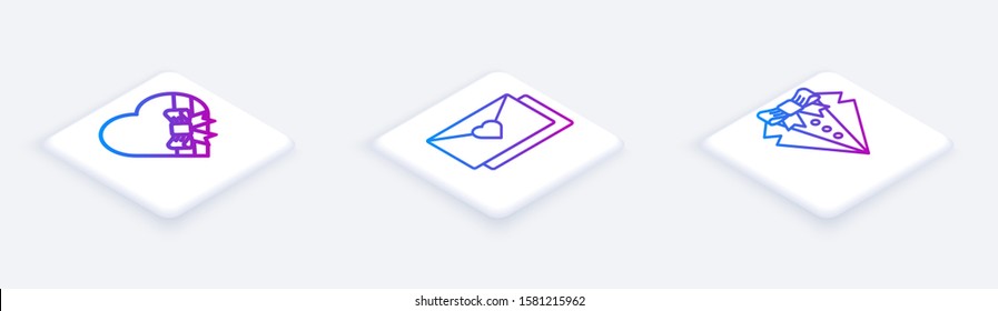 Set Isometric line Candy in heart shaped box and bow, Envelope with Valentine heart and Suit. White square button. Vector