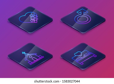 Set Isometric line Candy in heart shaped box and bow, Church building, Male gender symbol and Bedroom. Blue square button. Vector