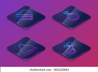 Set Isometric line Candy in heart shaped box, Condom, Diamond engagement ring and Bottle with love potion. Blue square button. Vector