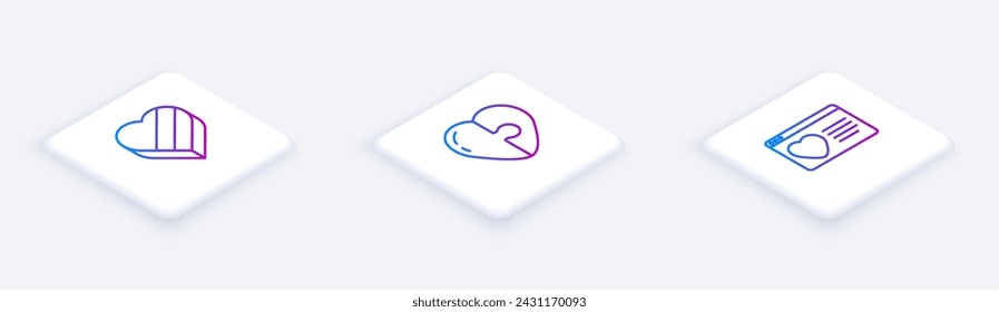 Conjunto de línea isométrica de caramelo en forma de corazón caja, corazón y citas aplicación en línea. Botón cuadrado blanco. Vector