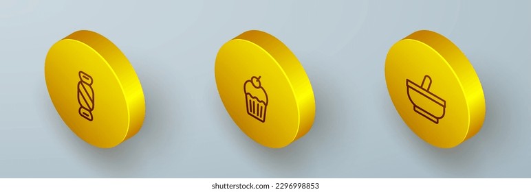 Isometrische Linie Süßigkeiten, Muffin und Mortar Pestle Symbol. Vektorgrafik