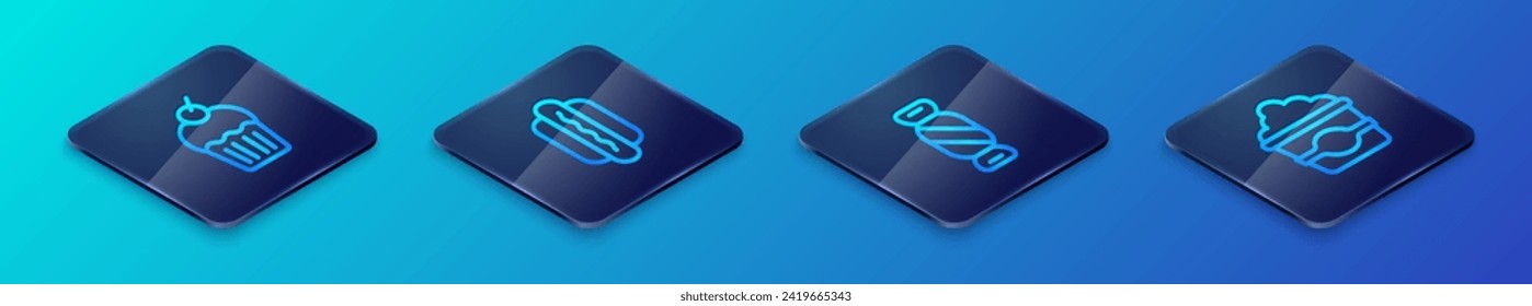 Set Isometric line Candy, Muffin, Popcorn cardboard box and Hotdog icon. Vector