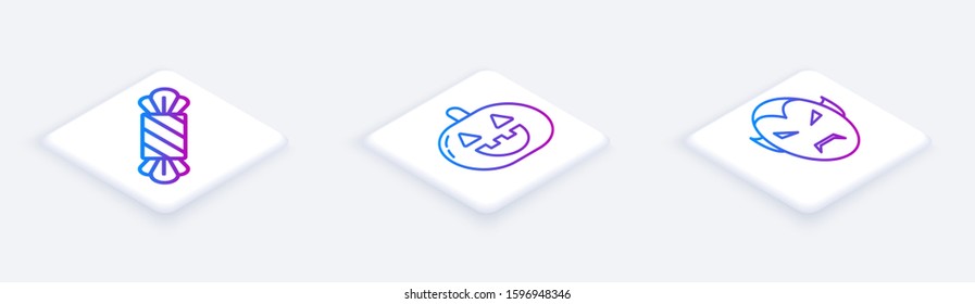 Set Isometric line Candy , Pumpkin  and Vampire . White square button. Vector