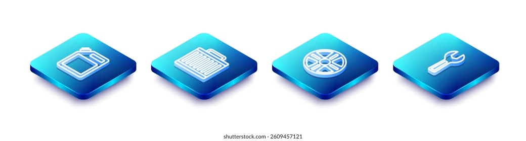 Set Isometric line Canister for gasoline, Car radiator cooling system, Alloy wheel and Wrench spanner icon. Vector