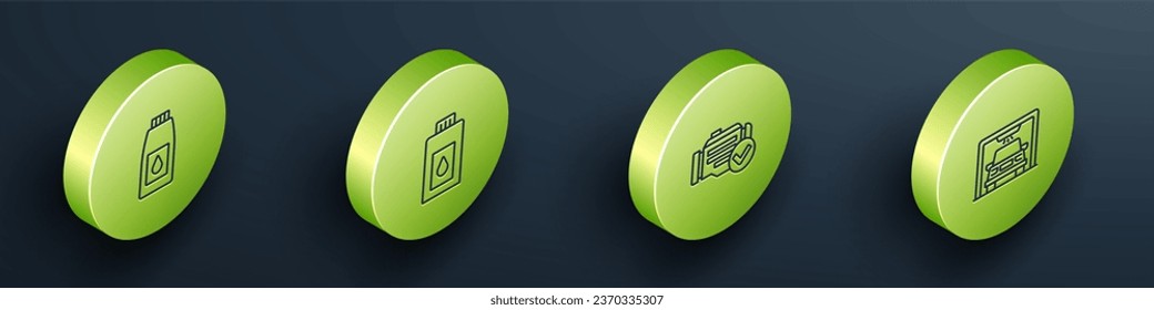 Set Isometric line Canister for motor machine oil, Check engine and Car wash icon. Vector