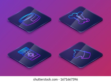 Set Isometric line Canned food, Dog medicine bottle and pills, Dog bone and Cat. Blue square button. Vector