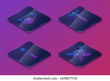 Establecer la línea isométrica cañón, bate de béisbol, hacha medieval y espada medieval cruzada. Botón cuadrado azul. Vector