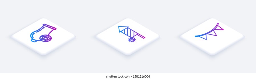 Set Isometric line Cannon, Firework rocket and Carnival garland with flags. White square button. Vector