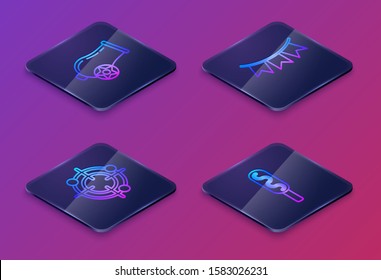 Set Isometric line Cannon, Target sport for shooting competition, Carnival garland with flags and Corn dog. Blue square button. Vector