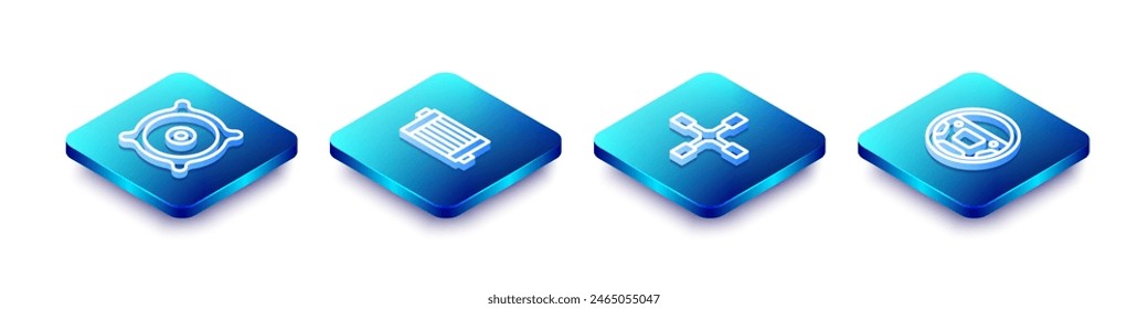 Set Isometric line Car audio speaker, radiator cooling system, Wheel wrench and Steering wheel icon. Vector