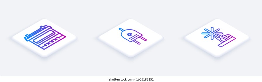 Set Isometric line Car battery, Electric plug and Wind turbine. White square button. Vector